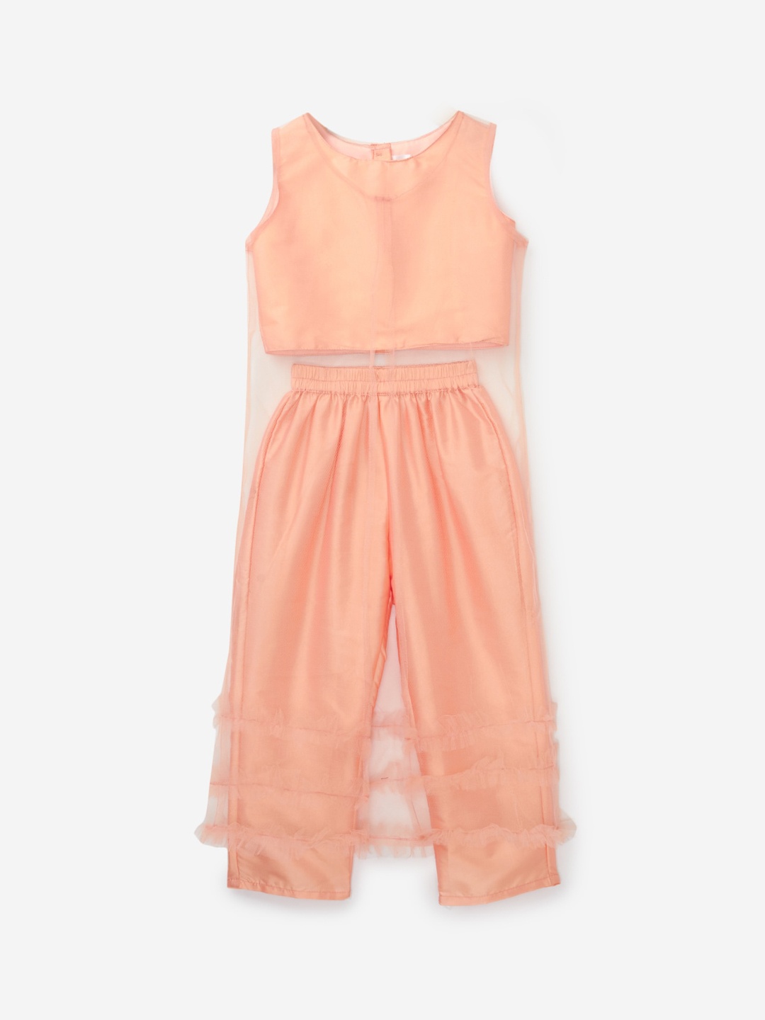 

YK Girls Peach-Coloured Empire Dupion Silk Kurti with Trousers