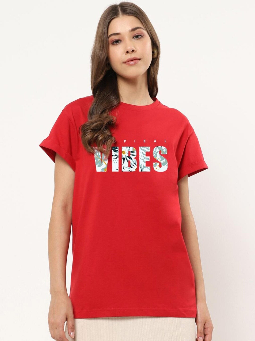 

Bewakoof Women Red & White Typography Printed Loose T-shirt