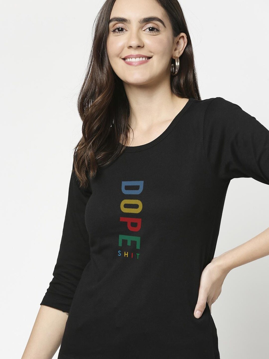 

Bewakoof Women Black & Blue Typography Printed Slim Fit T-shirt