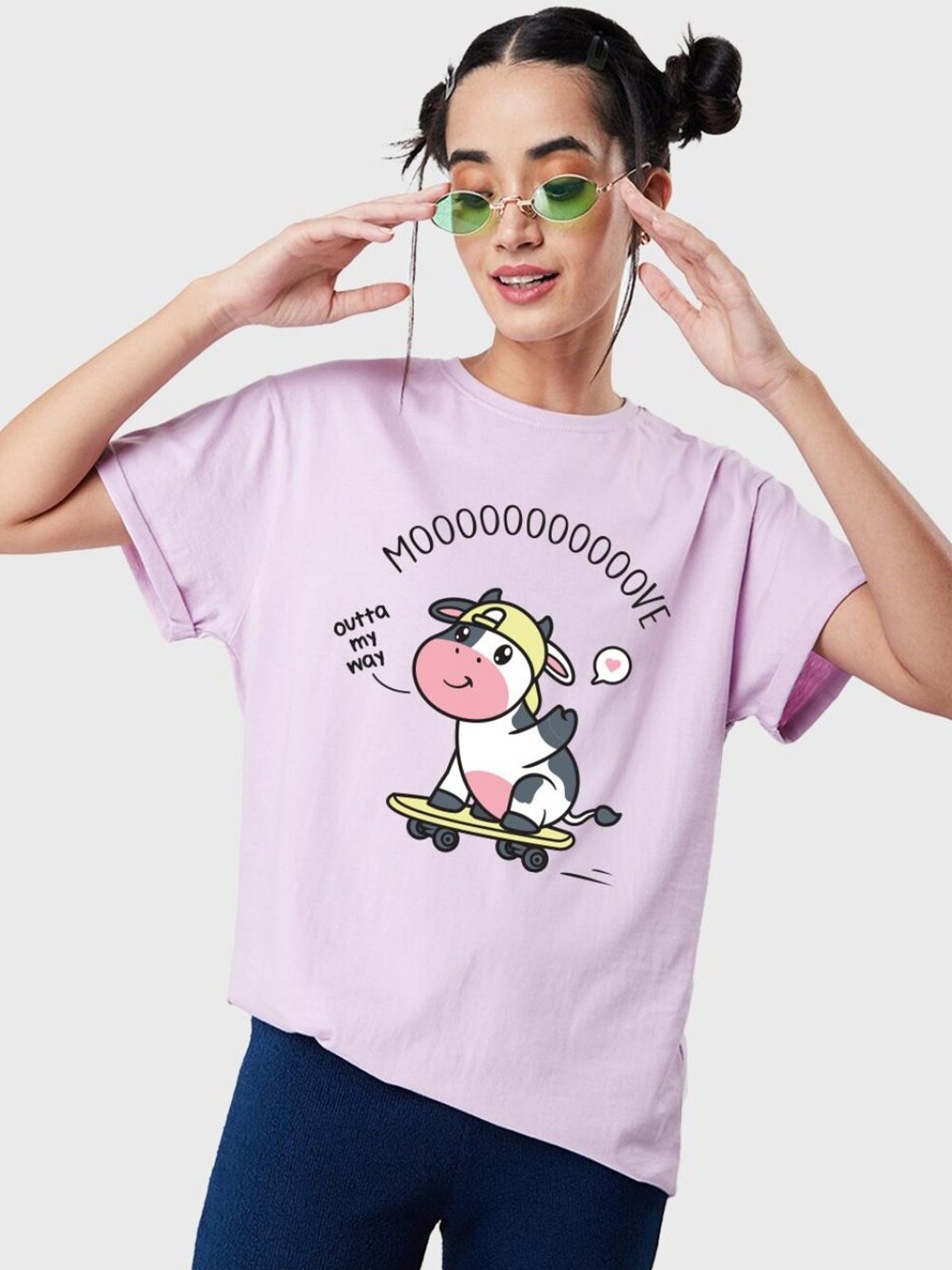 

Bewakoof Women Purple Printed Raw Edge Relaxed Fit T-shirt