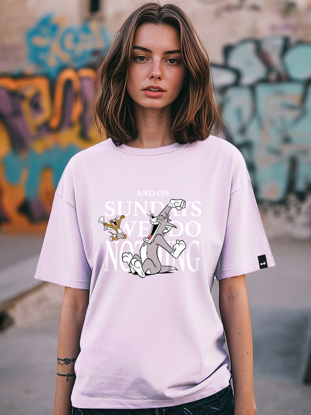 

Bewakoof Sunday We Do Nothing Graphic Printed Oversized T-shirt, Purple