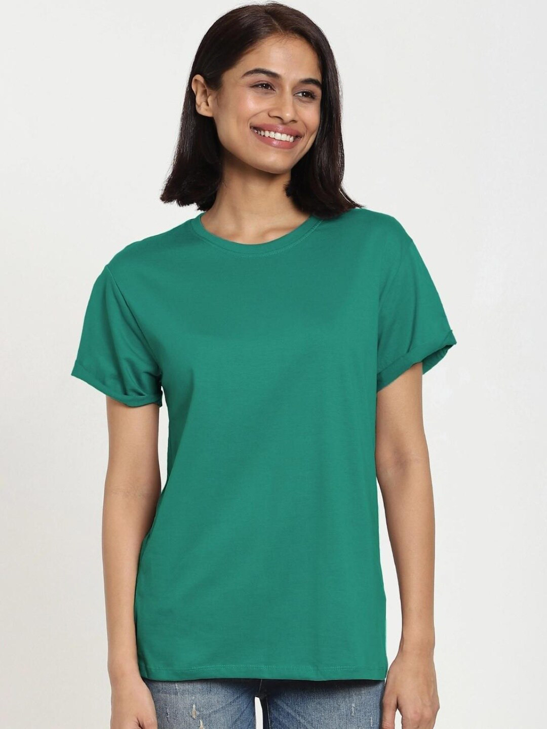 

Bewakoof Women Green Drop-Shoulder Sleeves Raw Edge Loose T-shirt