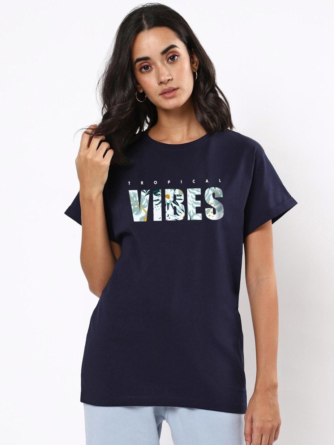 

Bewakoof Women Blue Typography Printed Applique Loose T-shirt