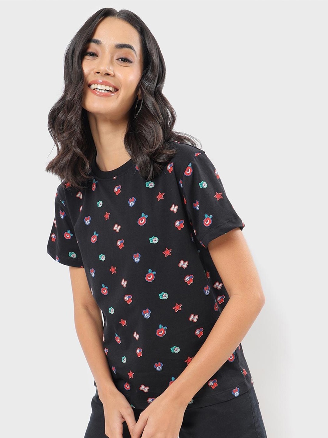 

Bewakoof Women Black & Red All Over Printed T-shirt