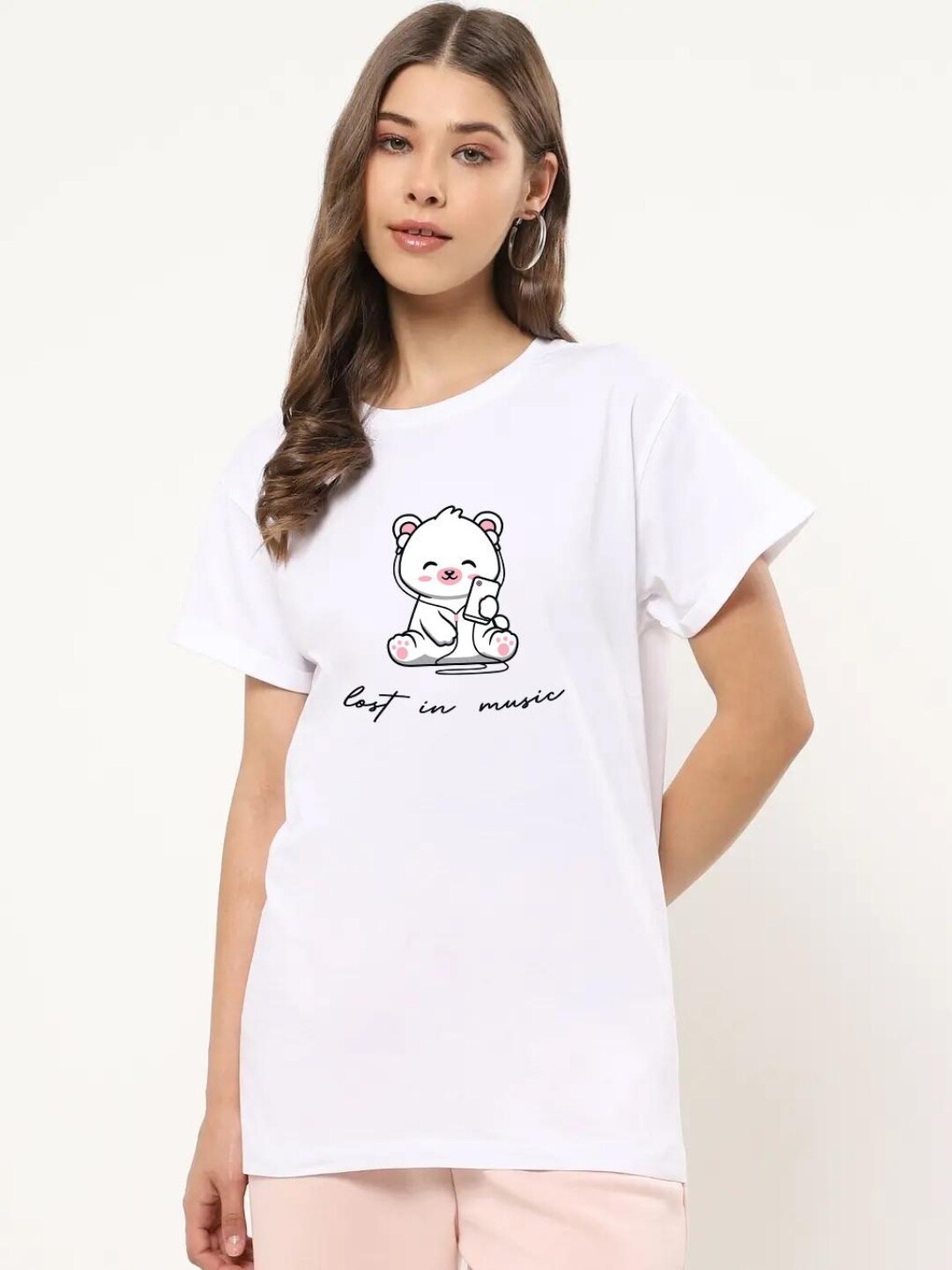 

Bewakoof Women White Printed Drop-Shoulder Sleeves Loose T-shirt