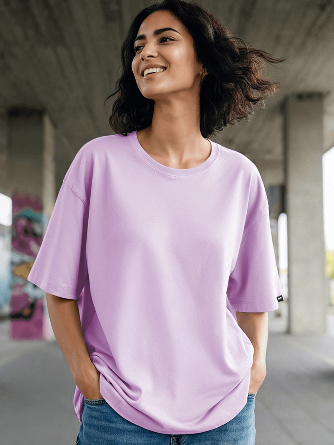

Bewakoof Women Purple Drop-Shoulder Sleeves Oversized T-shirt
