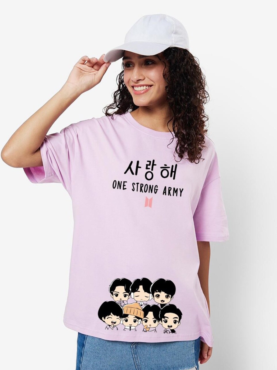 

Bewakoof Women Purple Printed Drop-Shoulder Sleeves Oversized T-shirt