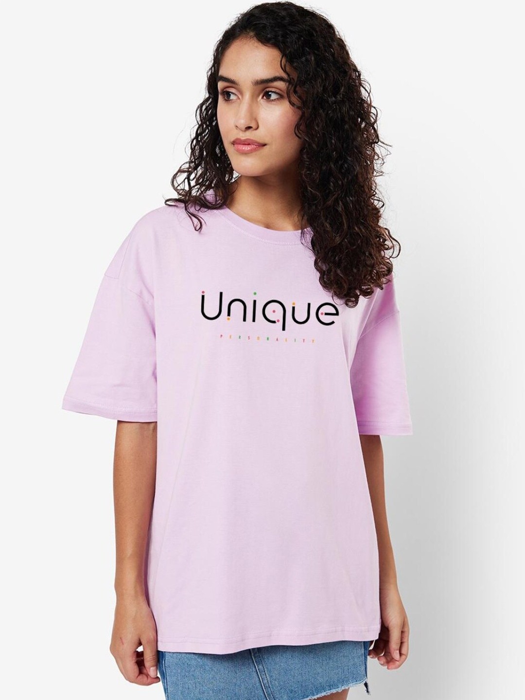 

Bewakoof Women Purple Typography Printed Drop-Shoulder Sleeves Oversized T-shirt