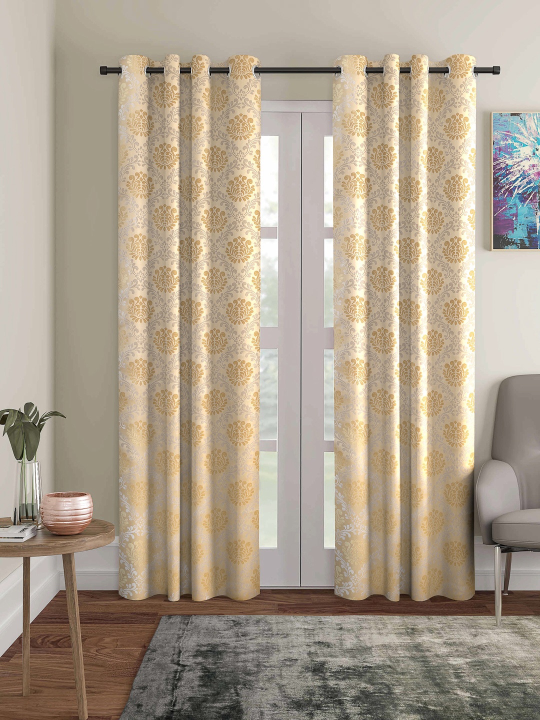 

ROMEE Set of 2 Gold Toned & White Ethnic Motifs Room Darkening Door Curtain