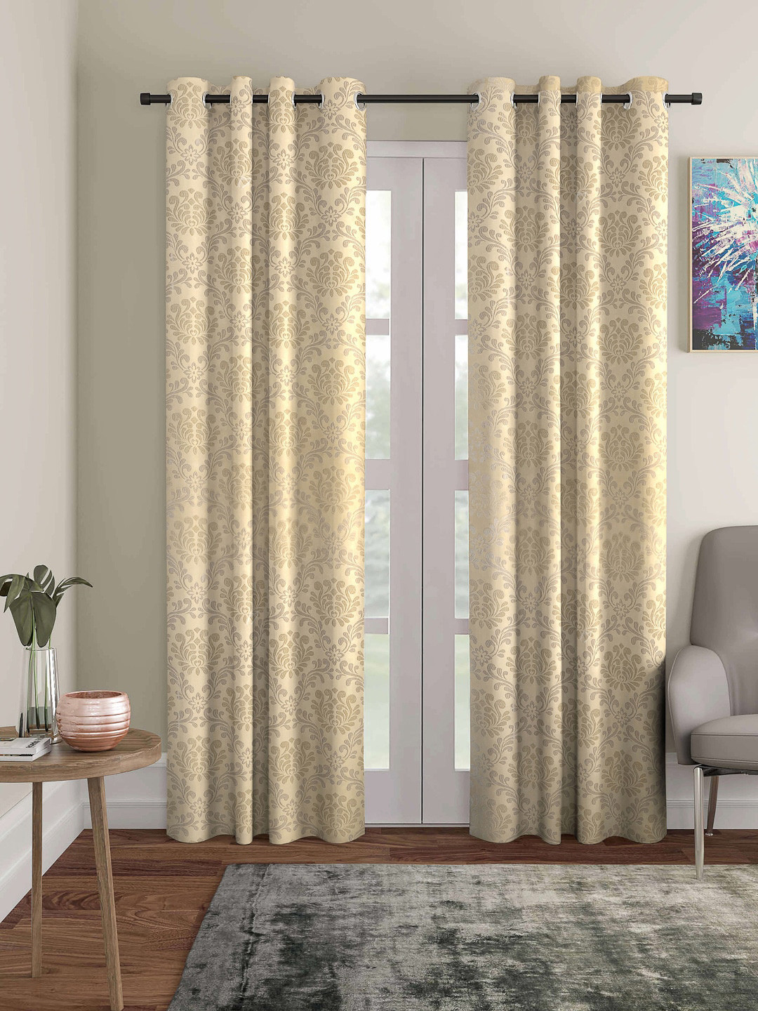 

ROMEE Set of 2 Beige & Silver Toned Ethnic Motifs Room Darkening Door Curtain