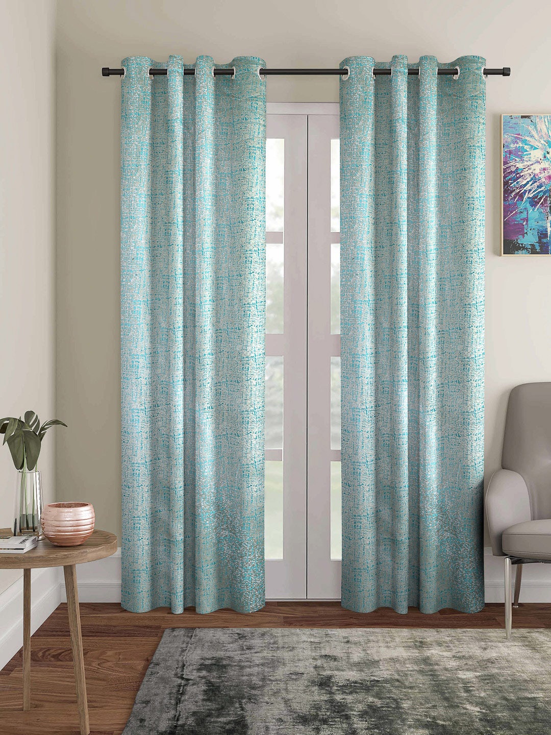 

ROMEE Set of 2 Turquoise Blue & Silver Toned Room Darkening Door Curtain