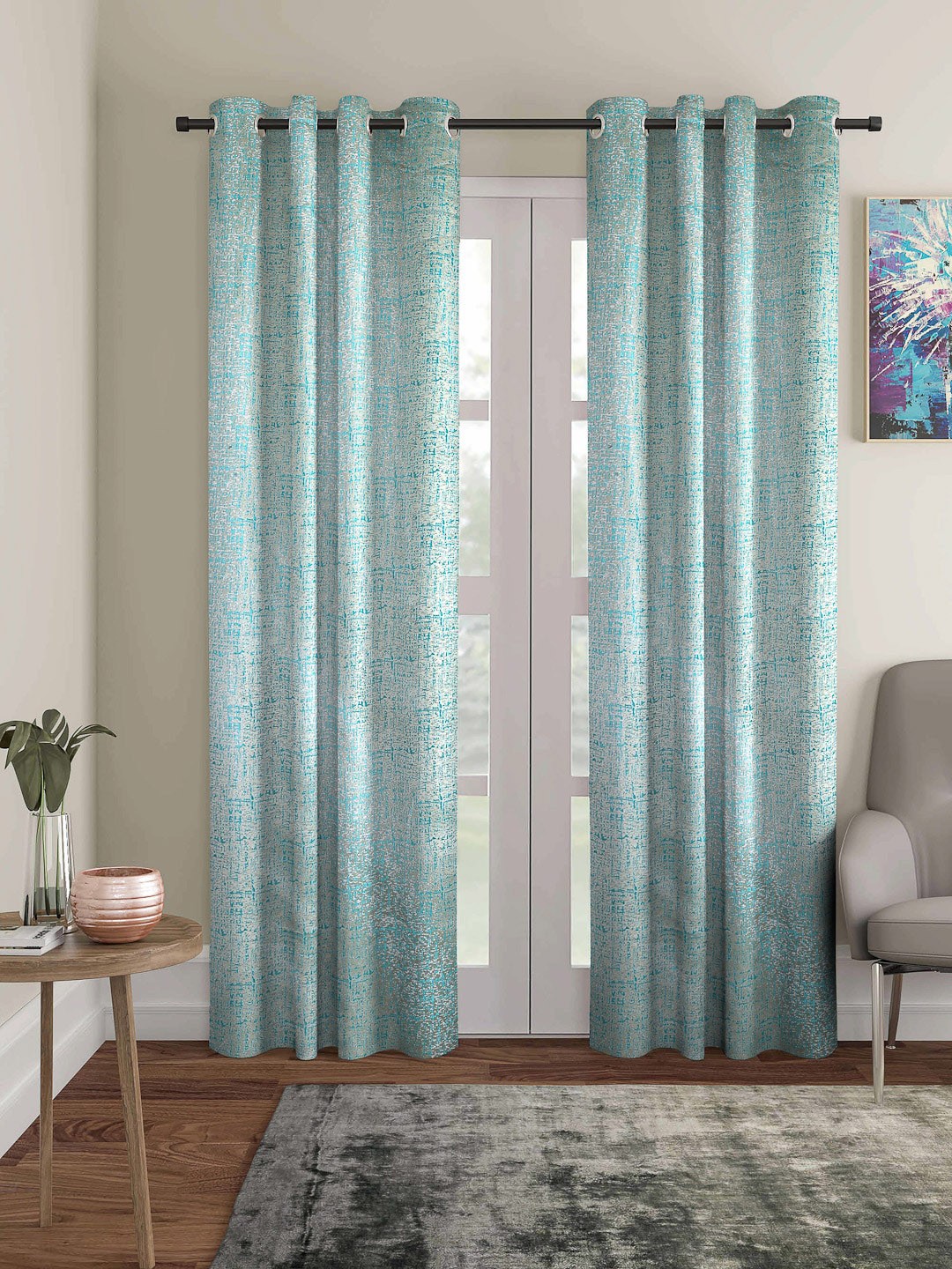 

ROMEE Set of 2 Turquoise Blue & Silver Toned Room Darkening Long Door Curtain