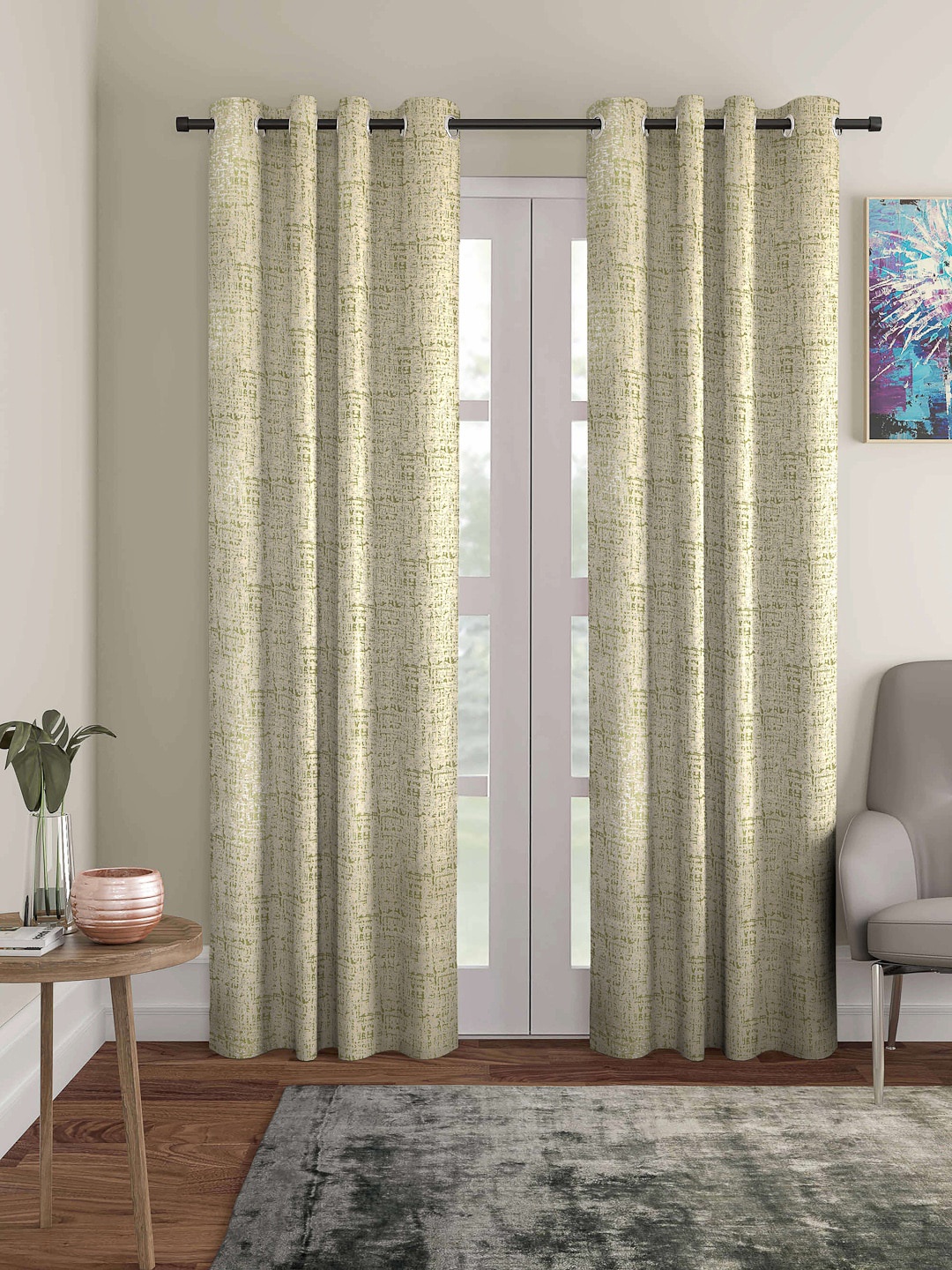 

ROMEE Set of 2 Green & Beige Room Darkening Long Door Curtain