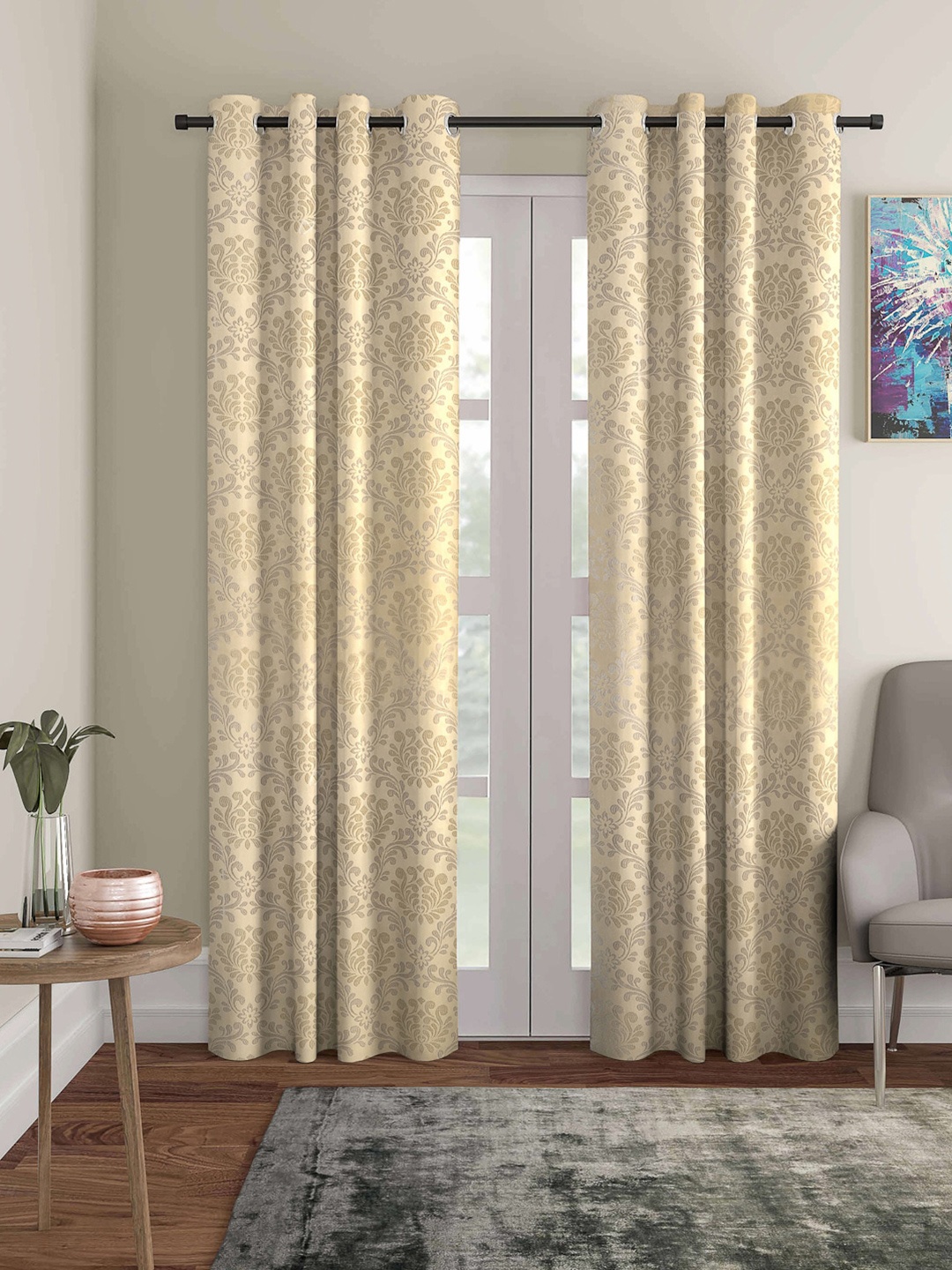 

ROMEE Set of 2 Beige & Silver-Toned Ethnic Motifs Room Darkening Long Door Curtain