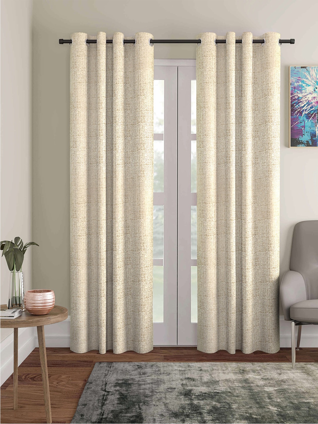 

ROMEE Set of 2 Cream Coloured & Silver Toned Room Darkening Door Curtain