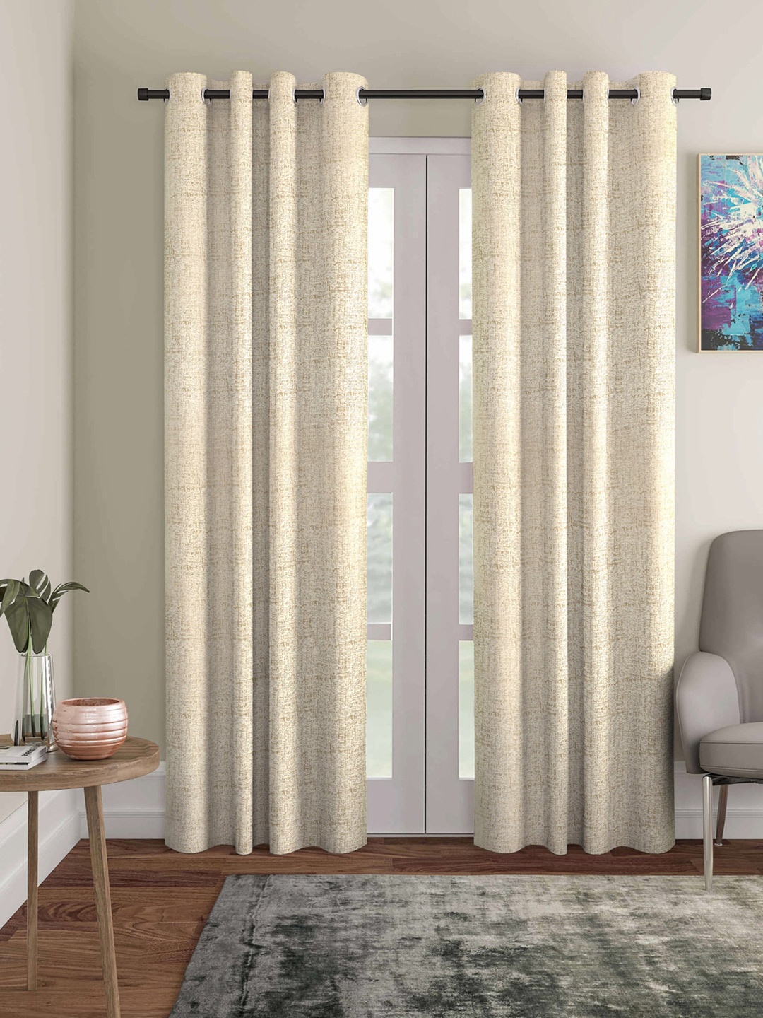 

ROMEE Set of 2 Cream-Coloured & Silver-Toned Room Darkening Long Door Curtain