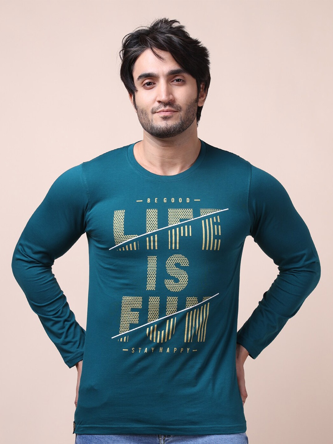 

berry blues Men Teal Green Typography Printed Cotton T-shirt