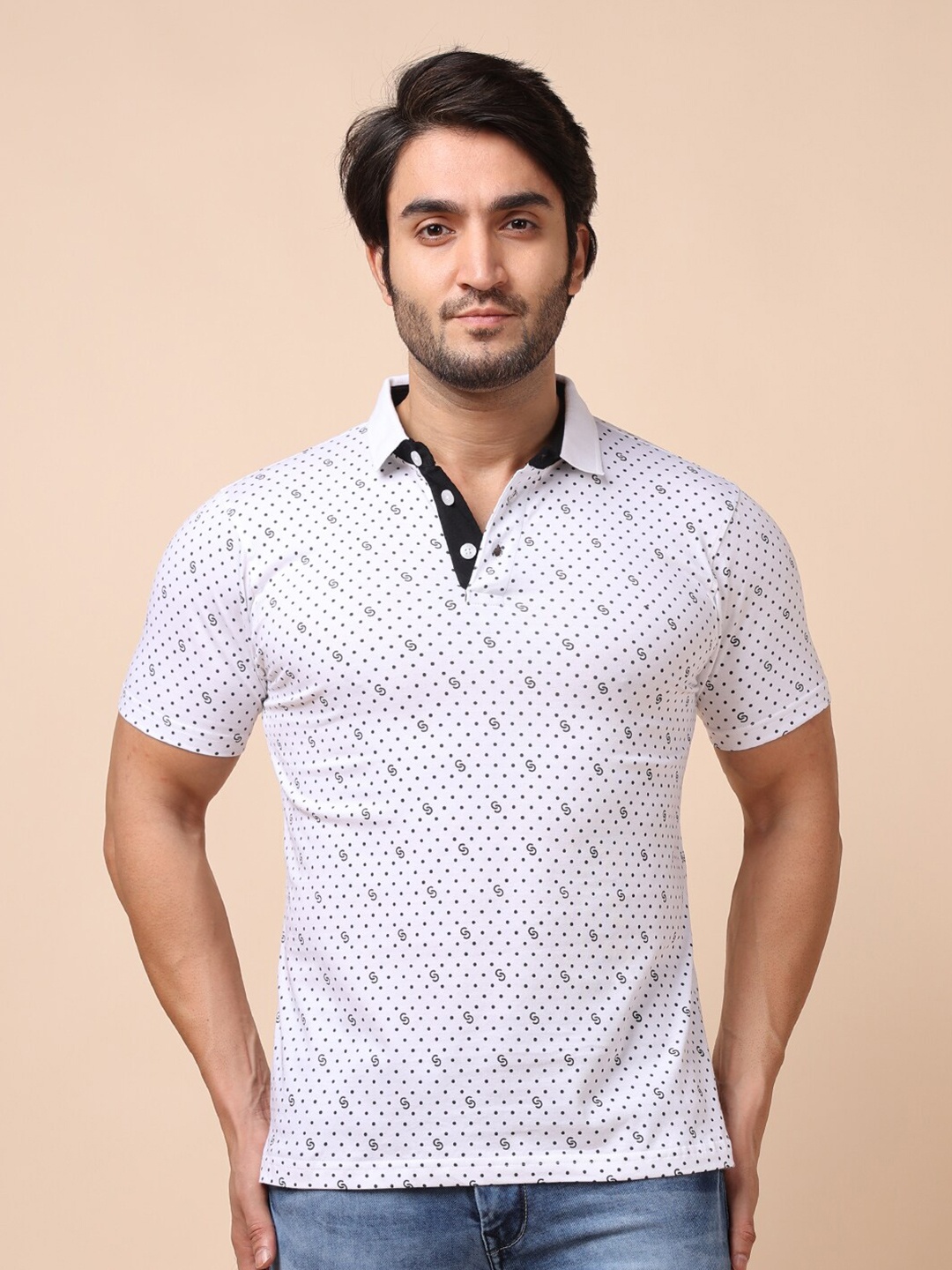 

berry blues Men Printed Polo Collar Cotton T-shirt, White