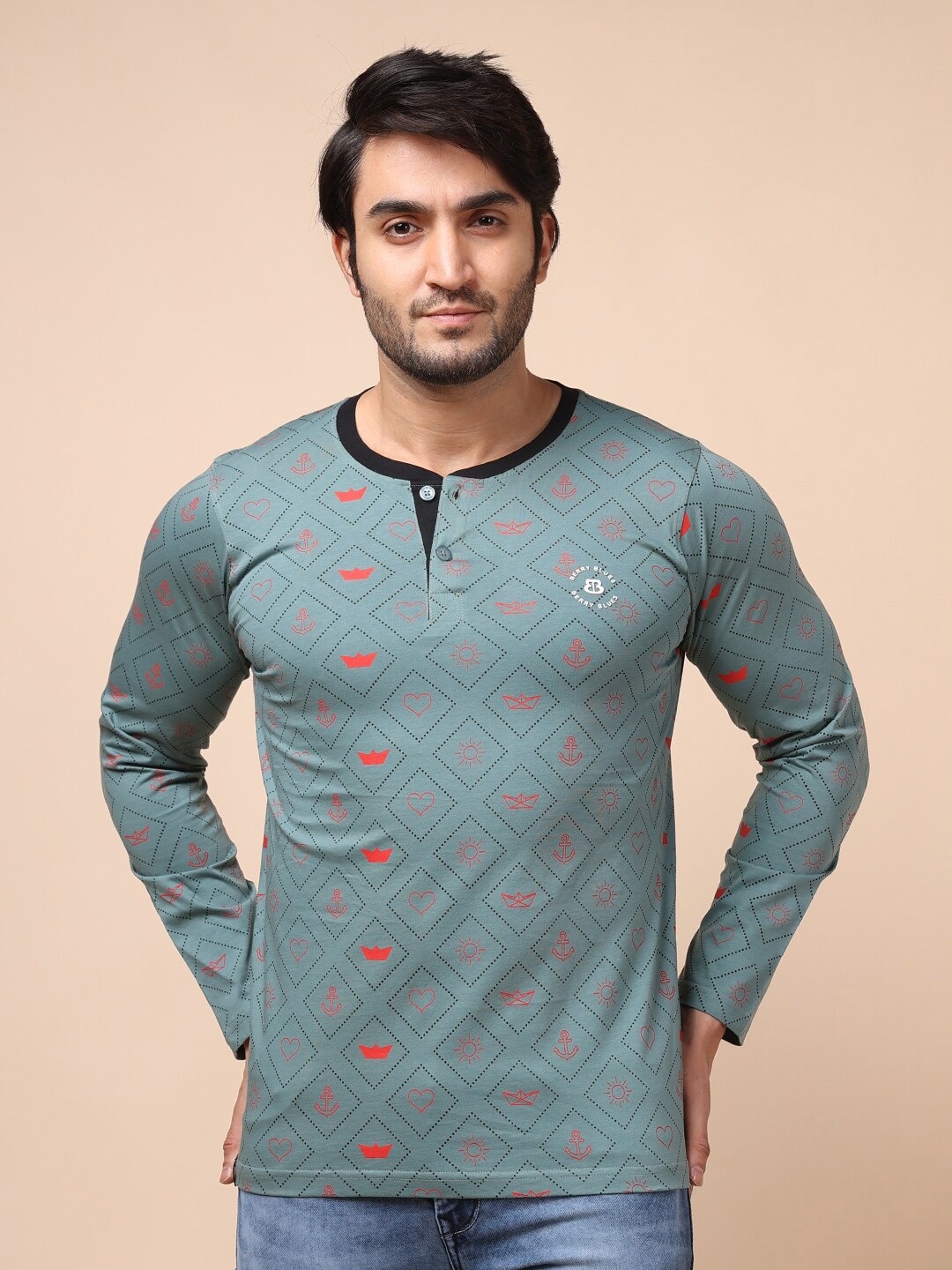 

berry blues Men Printed Cotton Henley Neck T-shirt, Green
