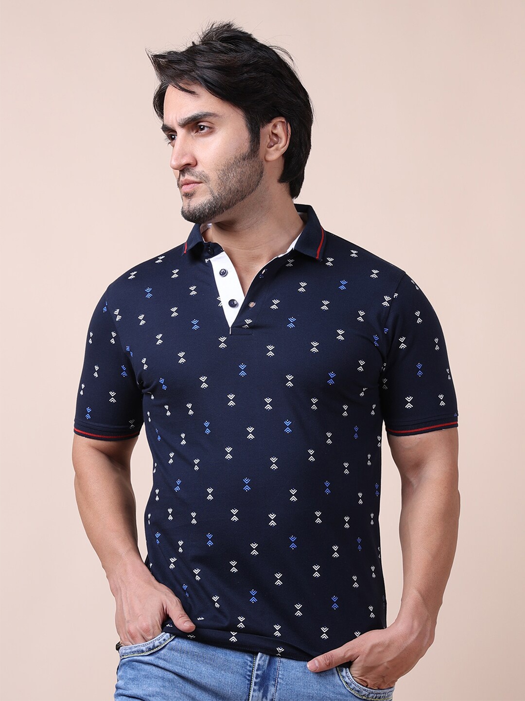 

berry blues Men Navy Blue Printed Polo Collar Cotton T-shirt