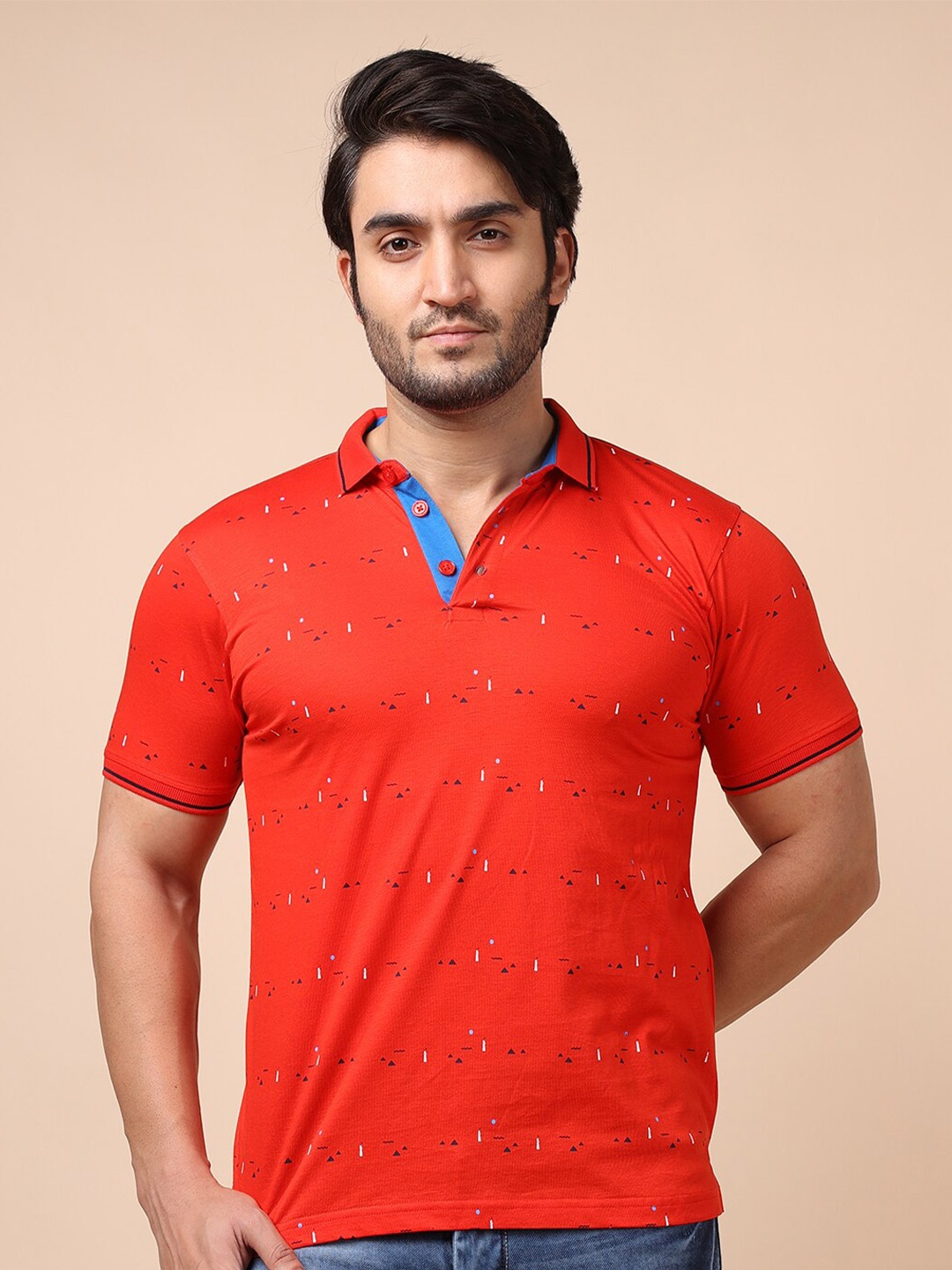 

berry blues Men Printed Cotton Polo Collar T-shirt, Red