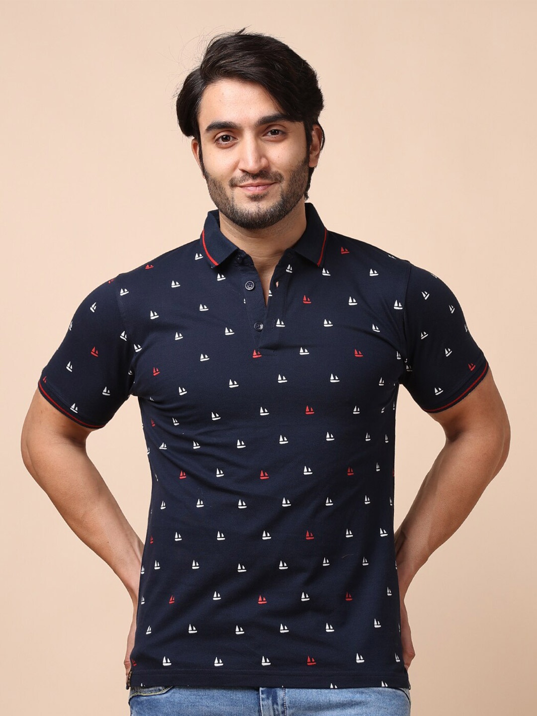 

berry blues Men Printed Cotton Polo Collar T-shirt, Navy blue