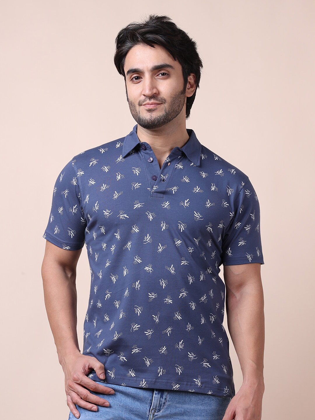 

berry blues Men Printed Cotton Polo Collar T-shirt, Blue