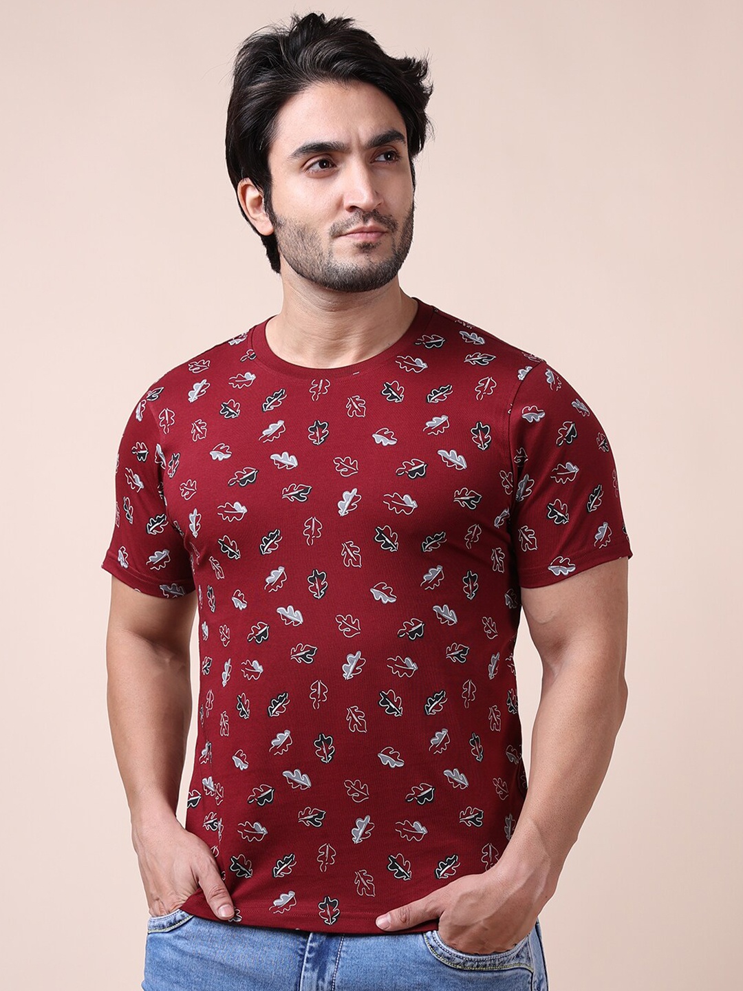 

berry blues Men Printed Cotton T-shirt, Maroon