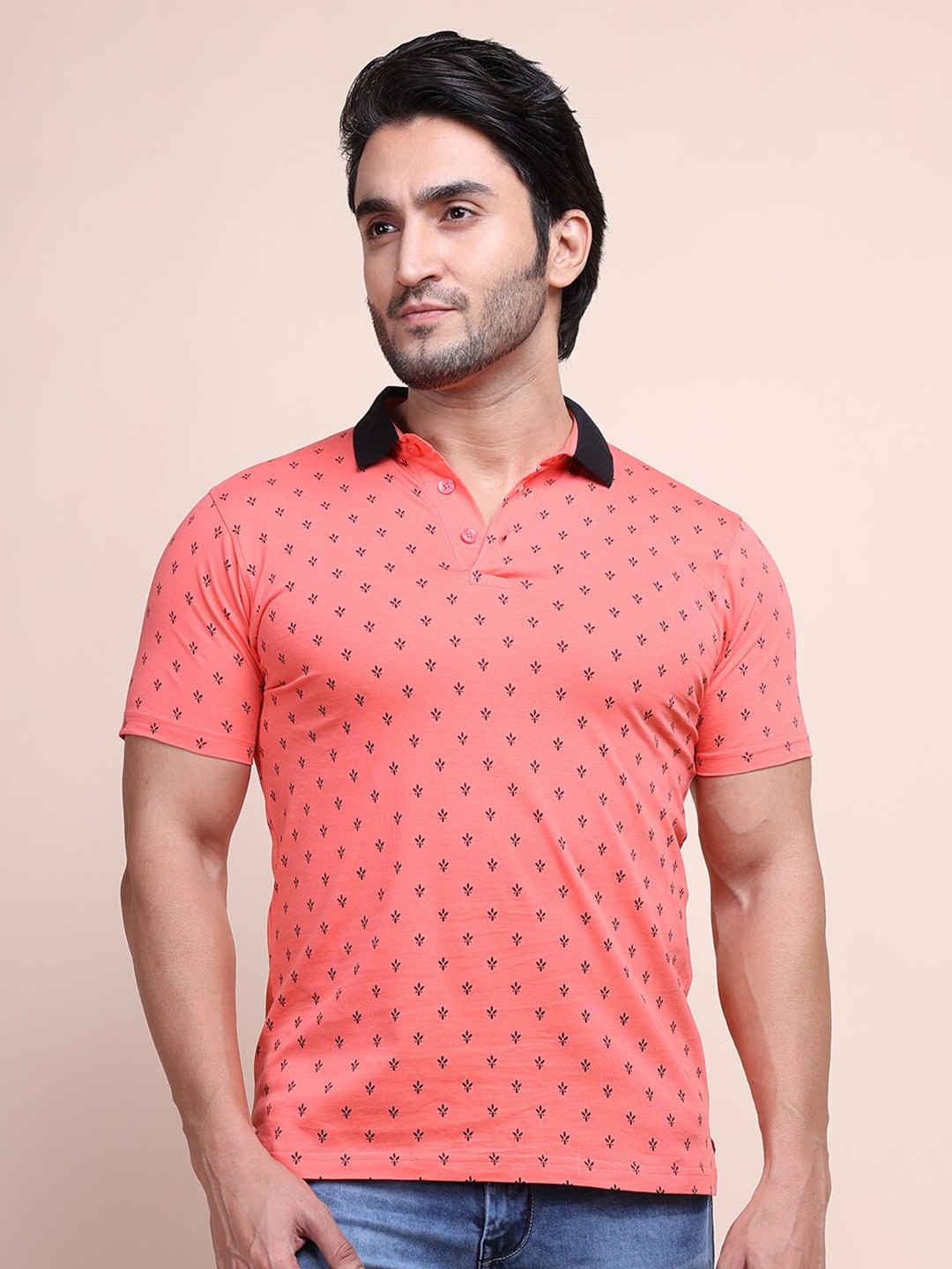 

berry blues Men Printed Polo Collar Cotton T-shirt, Pink