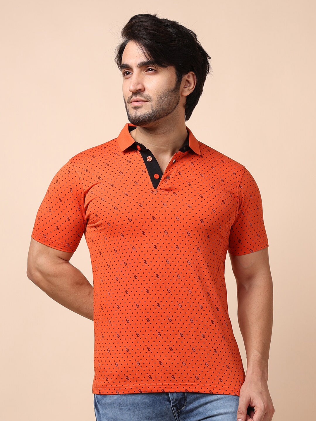 

berry blues Men Printed Polo Collar Cotton T-shirt, Rust