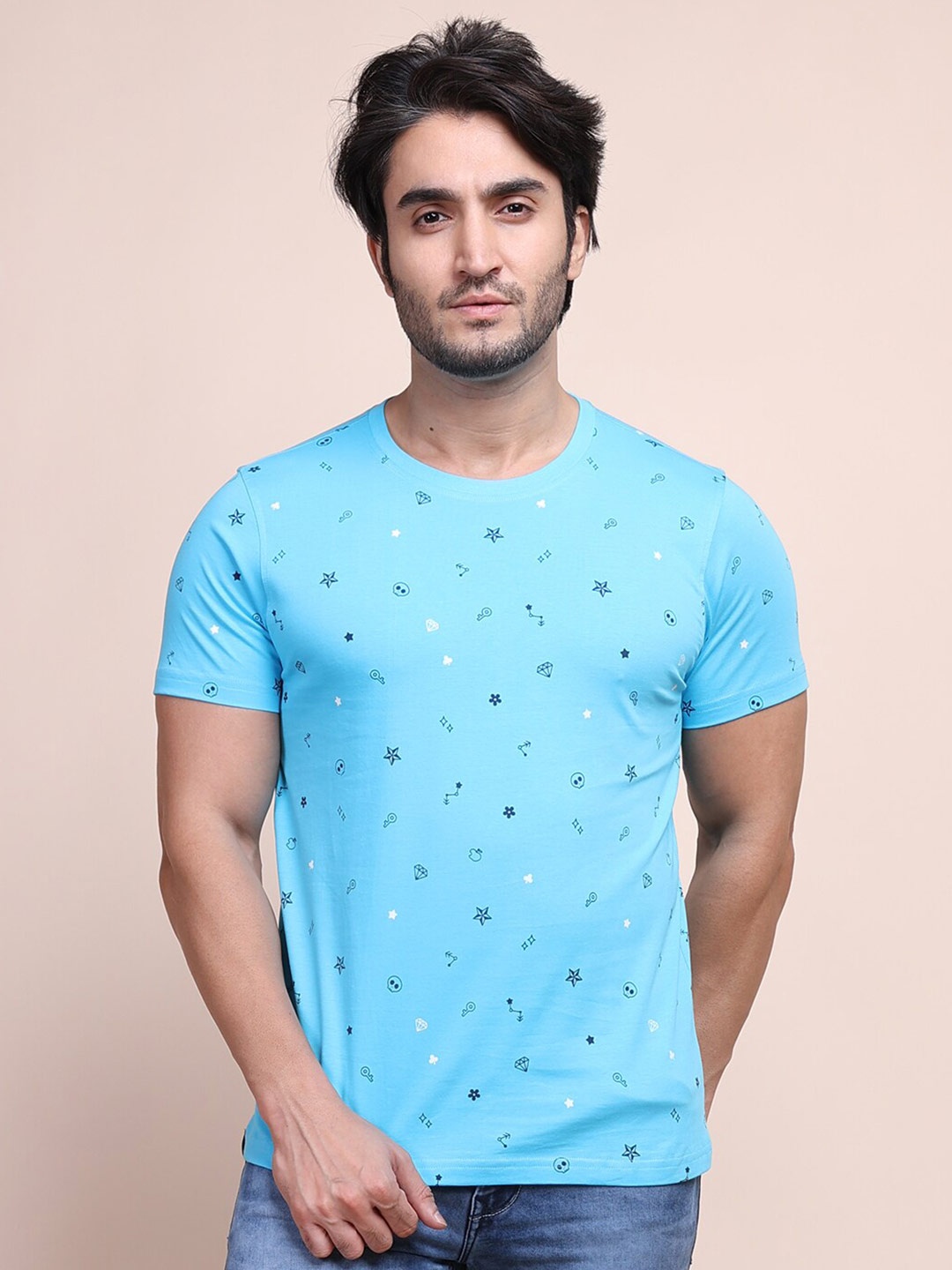 

berry blues Men Printed Cotton T-shirt, Blue