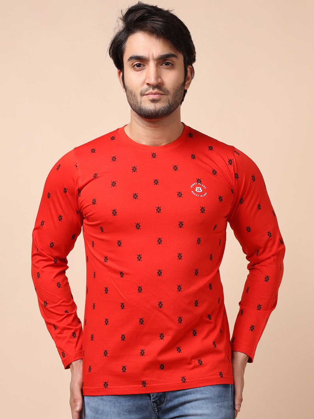 

berry blues Men Red Printed Cotton T-shirt