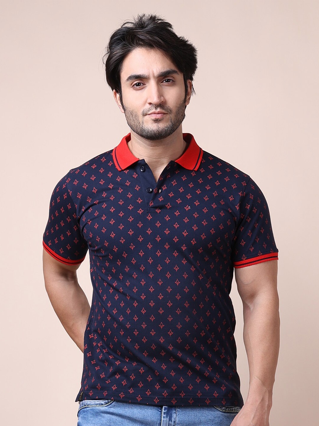 

berry blues Men Printed Polo Collar Cotton T-shirt, Navy blue