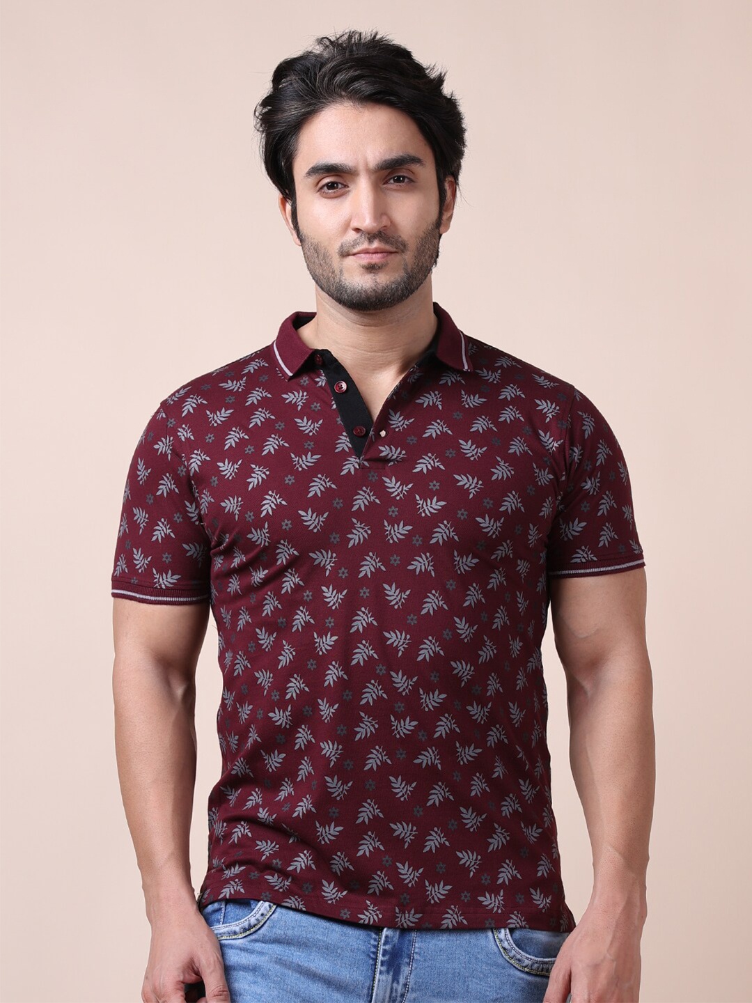 

berry blues Men Maroon Printed Polo Collar Cotton T-shirt
