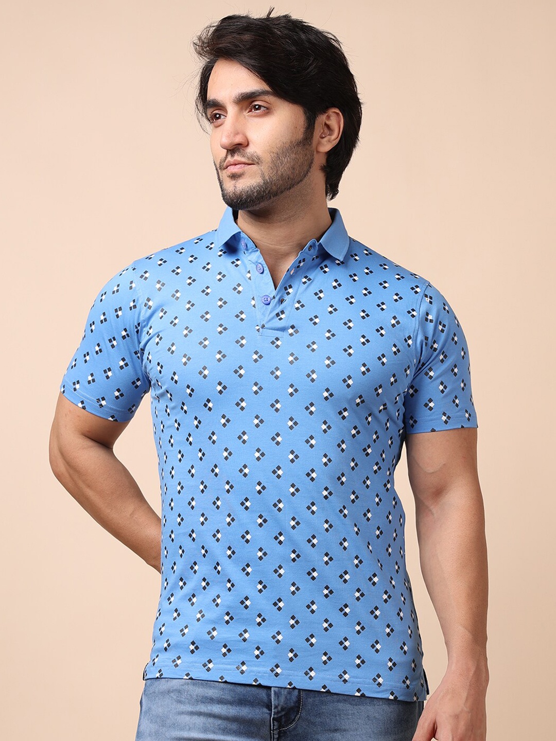 

berry blues Men Printed Polo Collar Cotton T-shirt, Blue