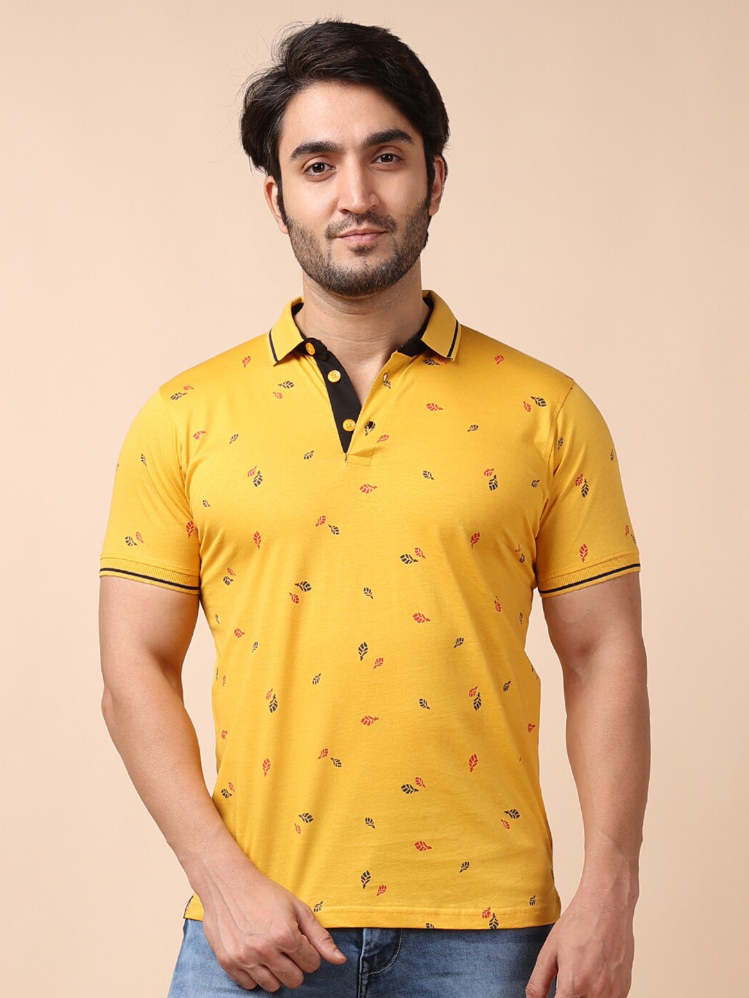 

berry blues Men Printed Polo Collar Cotton T-shirt, Yellow