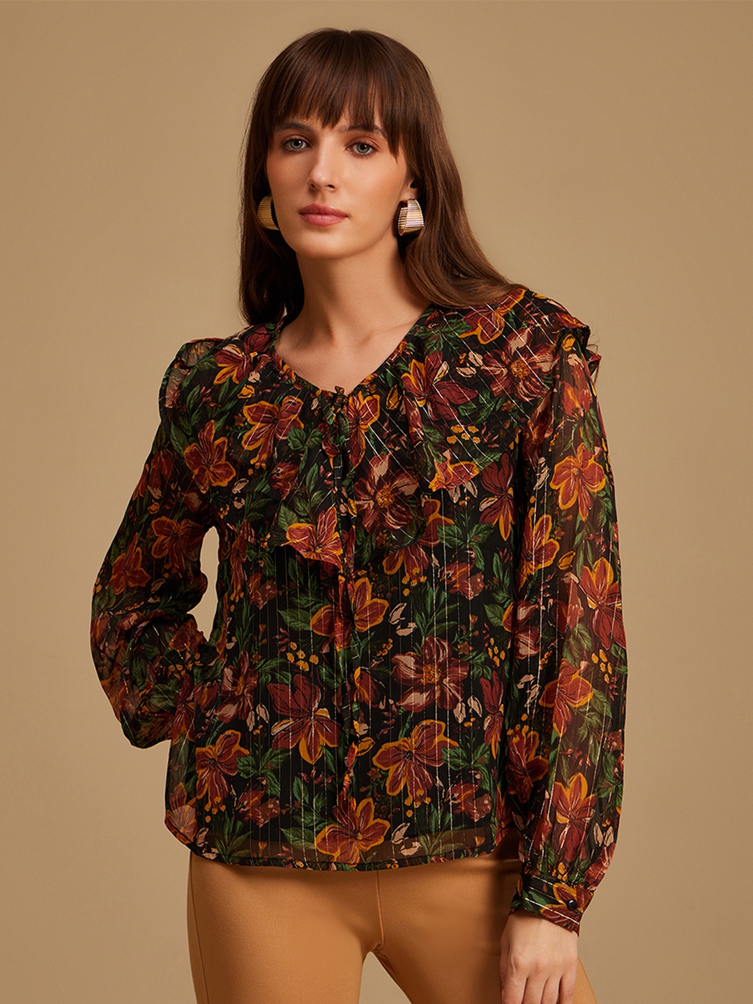 

Kazo Women Black Floral Print Tie-Up Neck Blouson Top