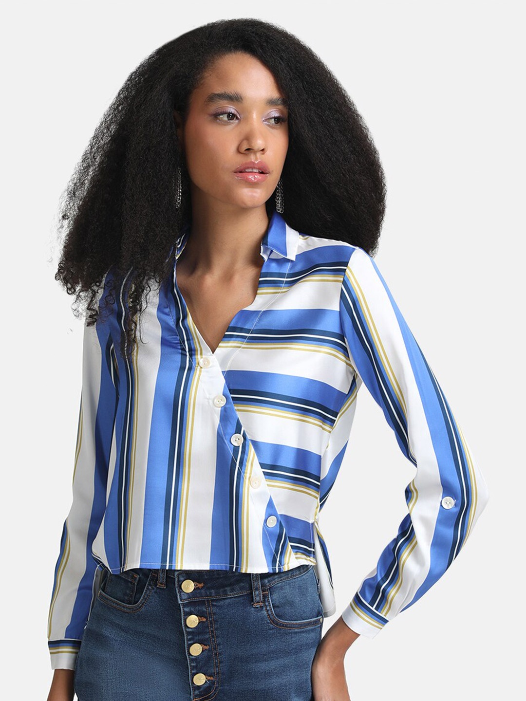 

Kazo Blue & White Striped Shirt Style Top