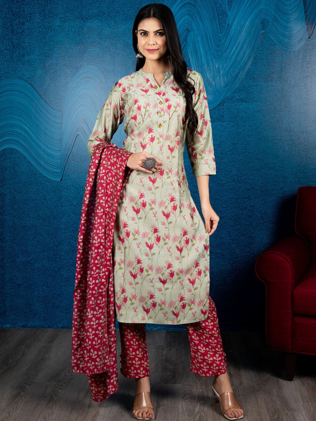 

BEATITUDE Women Green Ethnic Motifs Kurta with Trousers & With Dupatta
