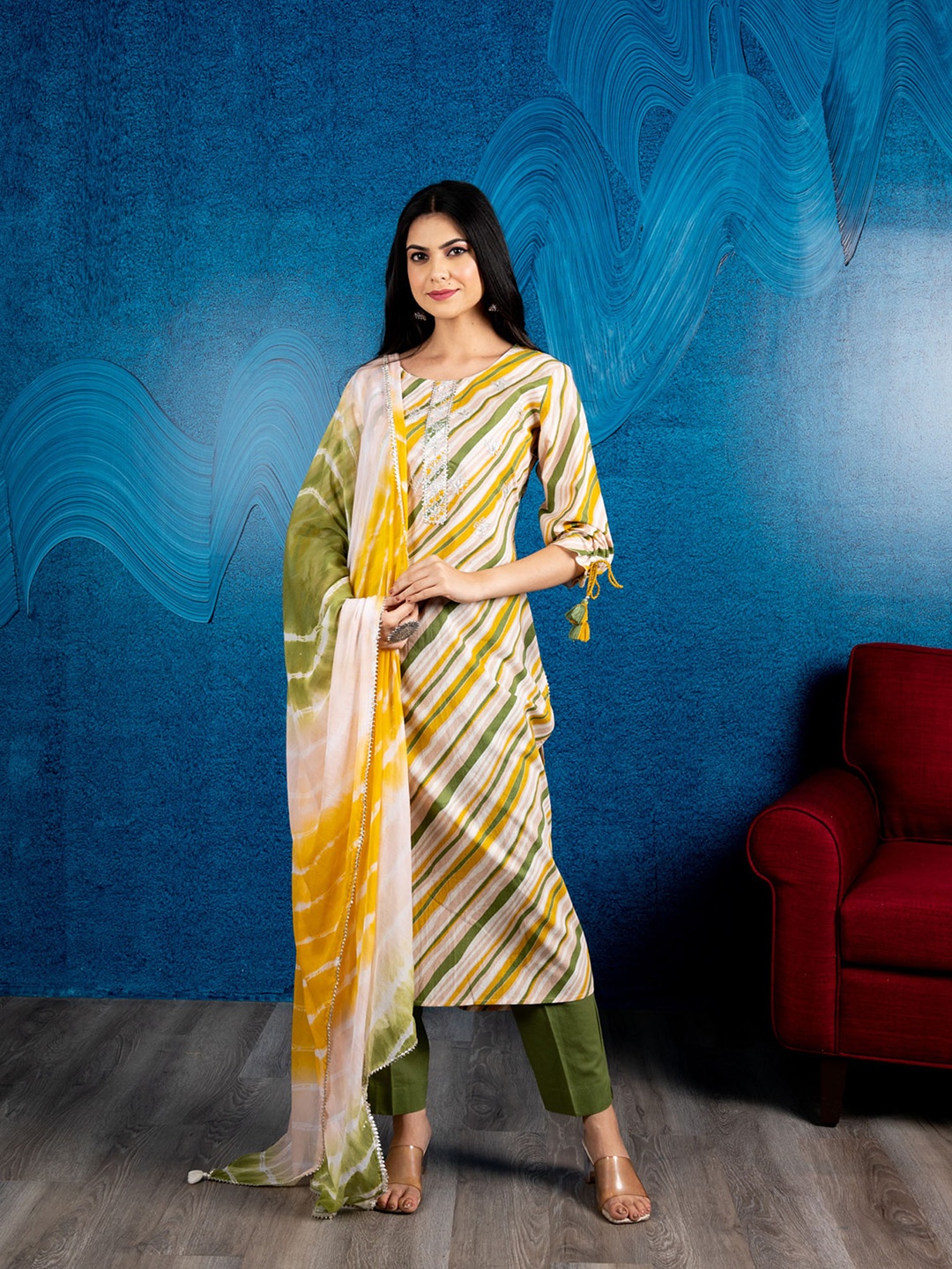 

BEATITUDE Women Yellow & Green Striped Pure Cotton Kurta With Trousers