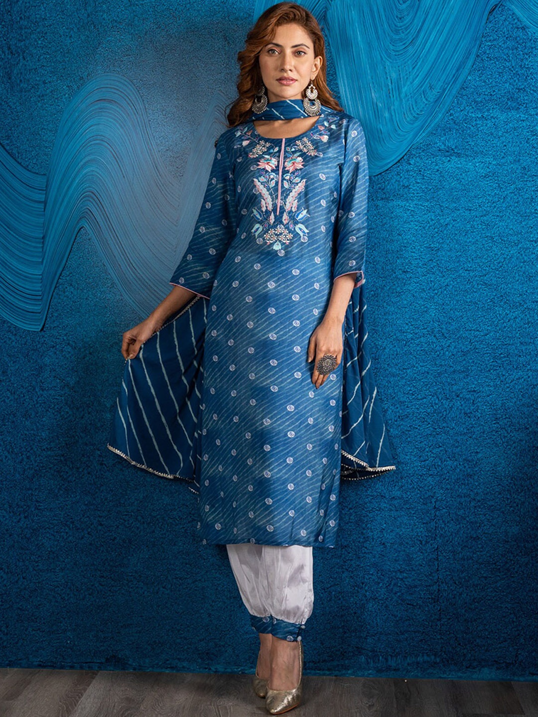 

BEATITUDE Women Blue Ethnic Motifs Top with Trousers & With Dupatta