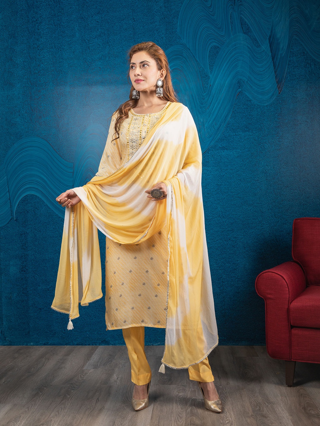 

BEATITUDE Women Yellow Ethnic Motifs Embroidered Gotta Patti Kurta with Trousers & With Dupatta