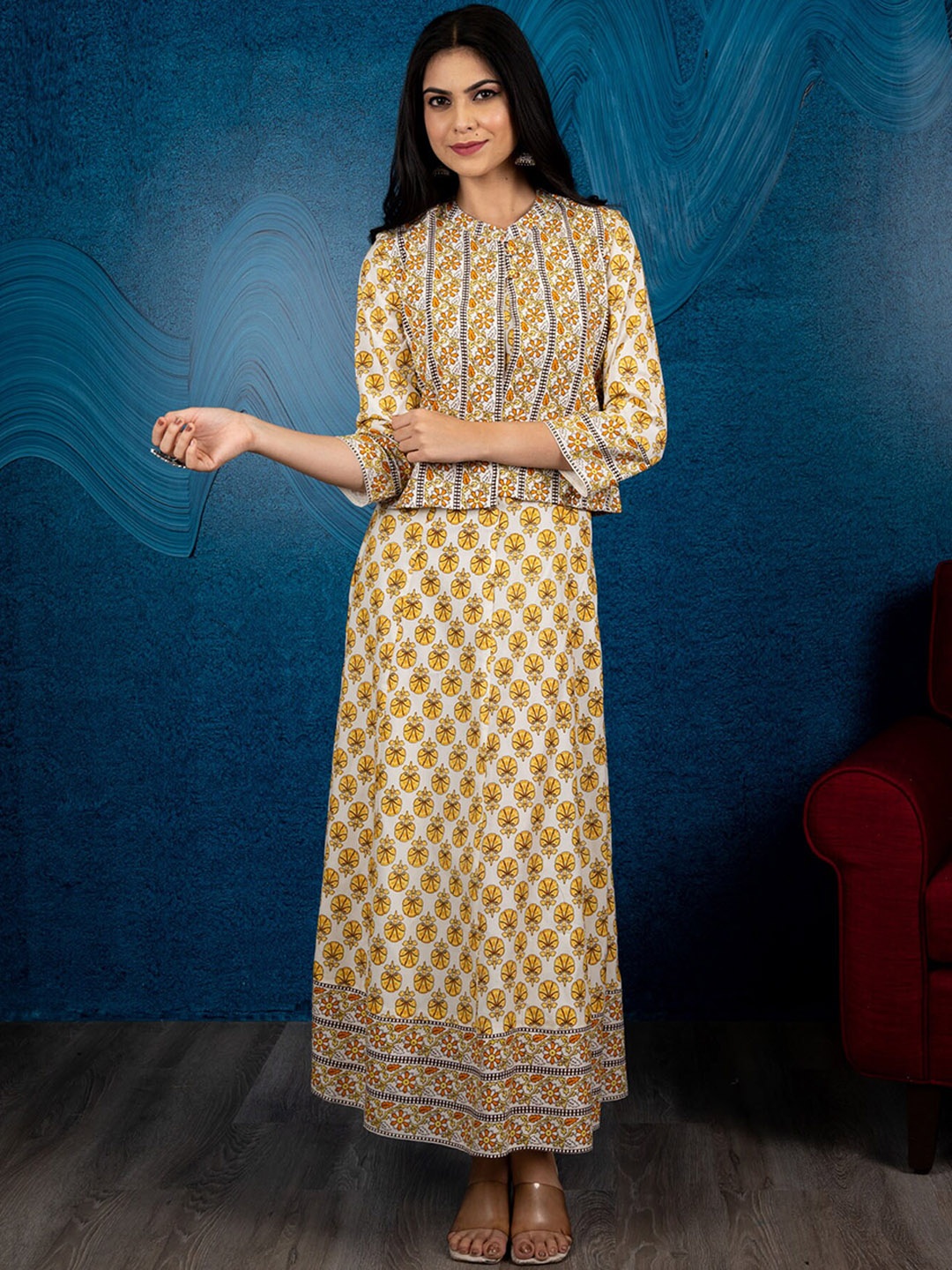 

BEATITUDE Women Yellow Floral Printed Empire Kurta with Skirt