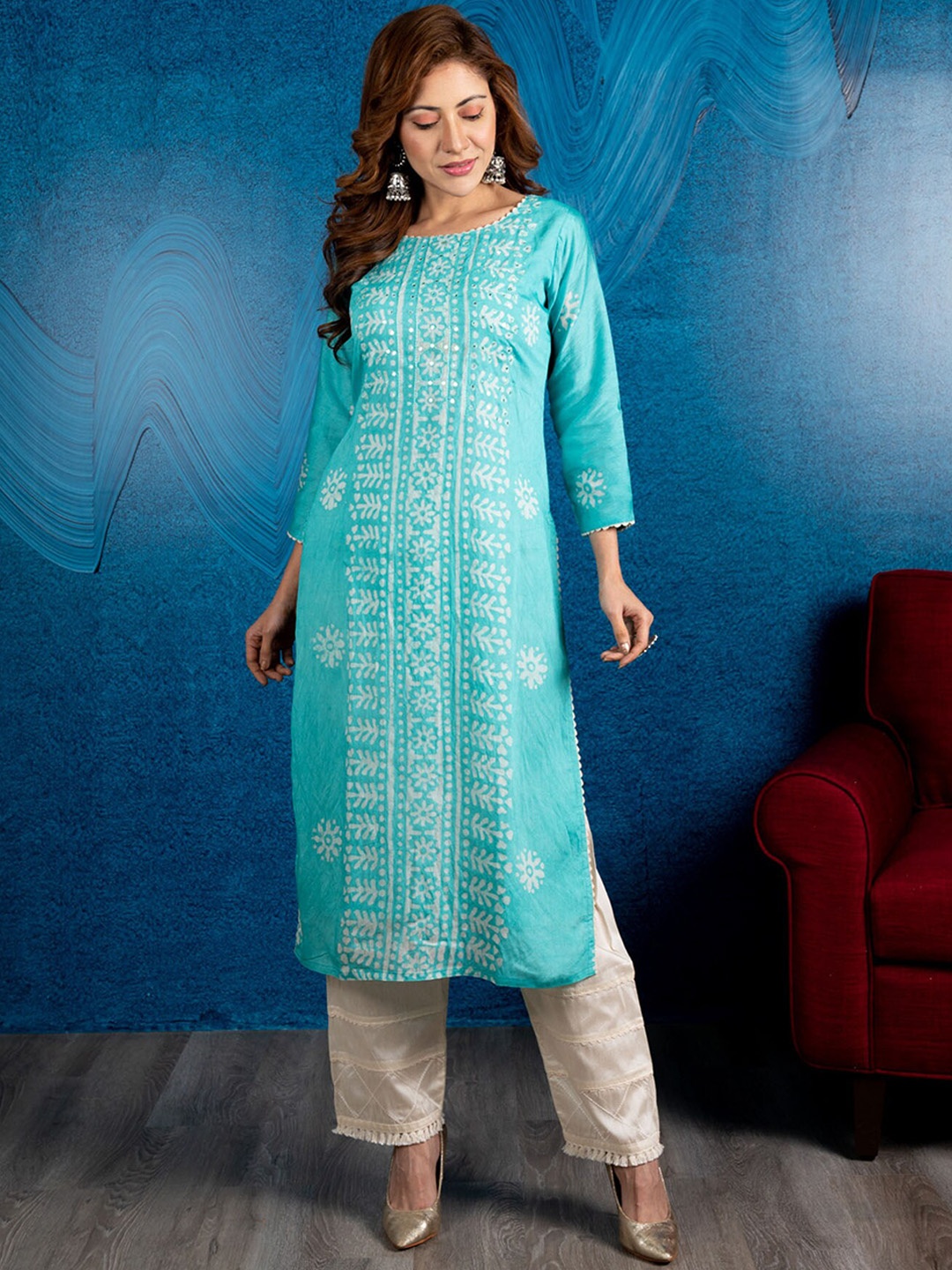 

BEATITUDE Women Blue Printed Mirror Work Kurta with Trousers