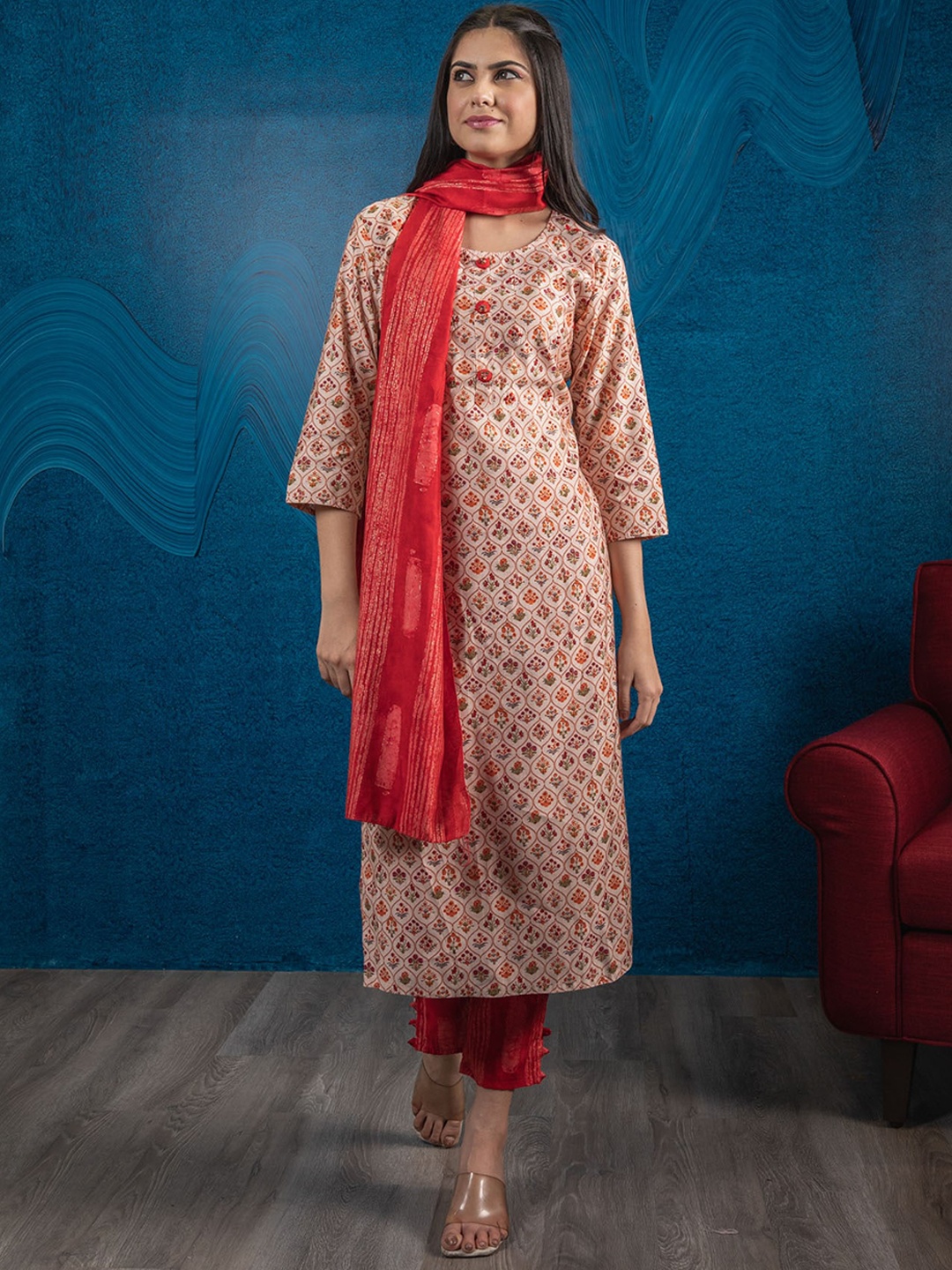 

BEATITUDE Women Red Ethnic Motifs Printed Kurta With Trousers & Dupatta