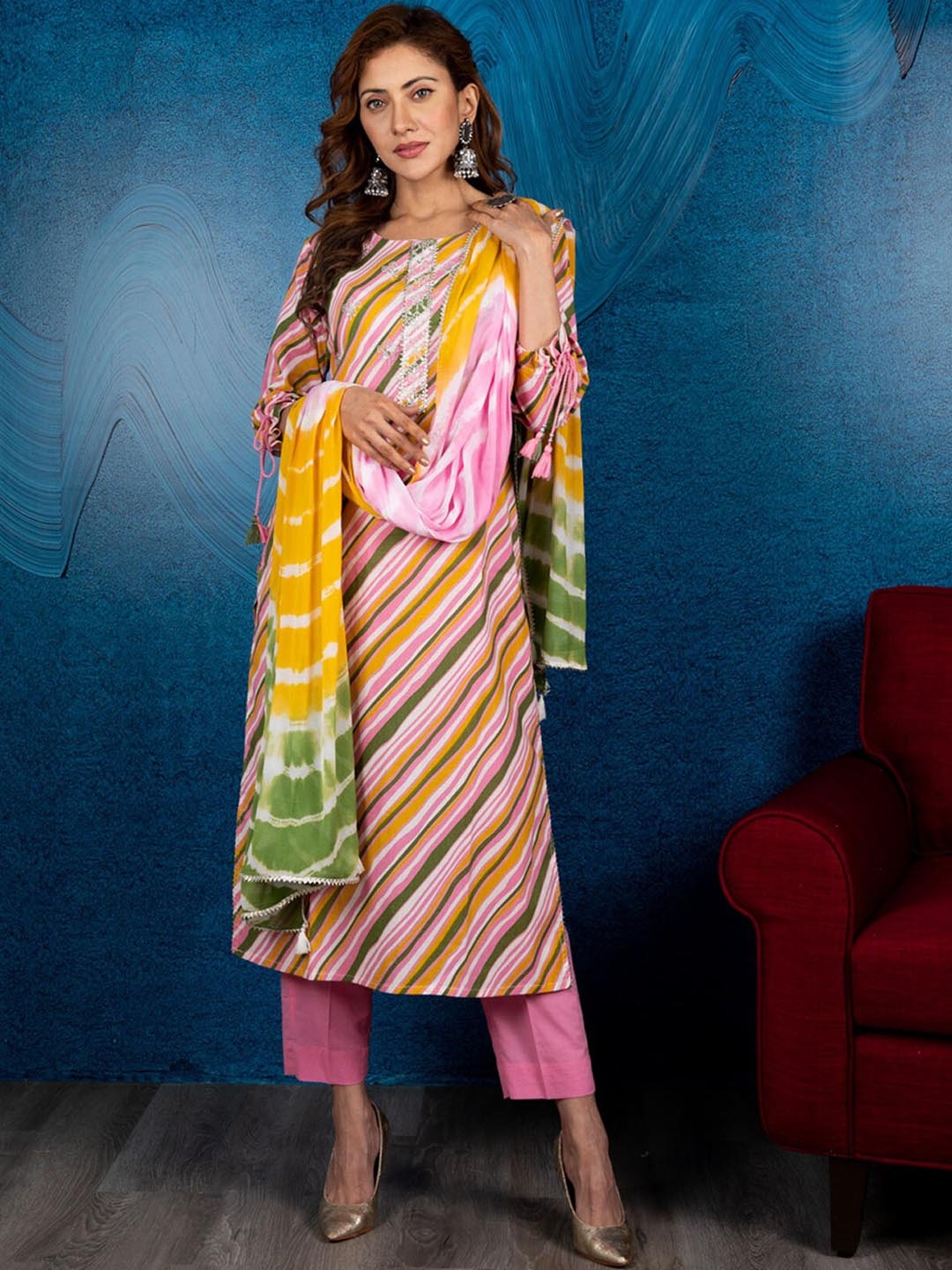 

BEATITUDE Women Multicoloured Striped Pure Cotton Kurta with Trousers & With Dupatta, Multi