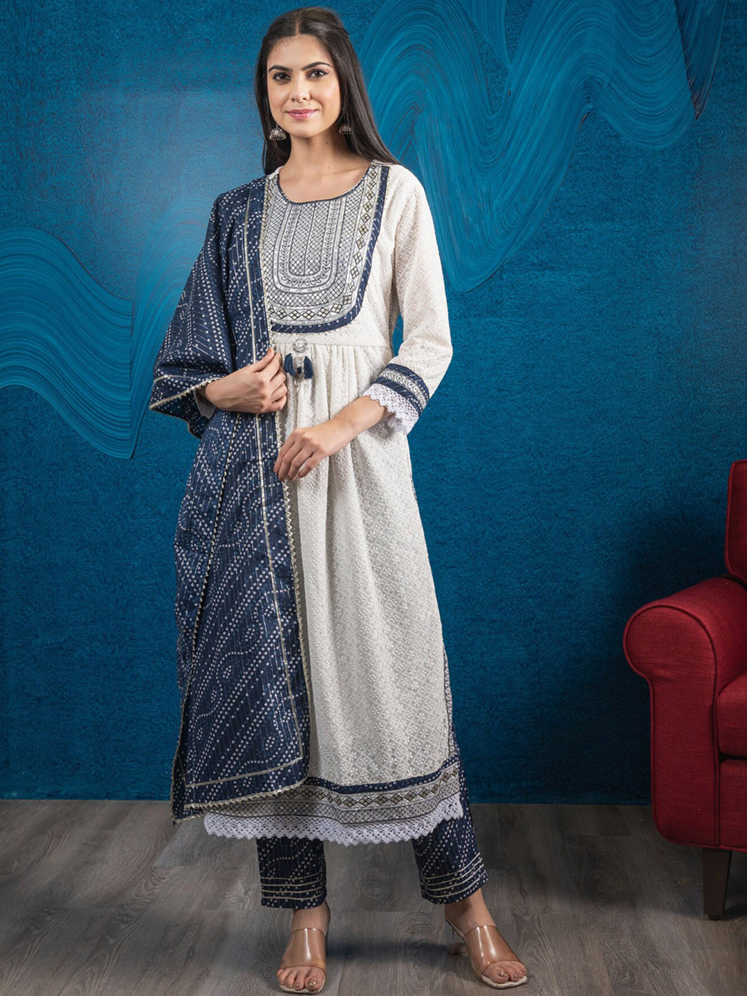 

BEATITUDE Women White Floral Chikankari Pleated Kurta with Trouser