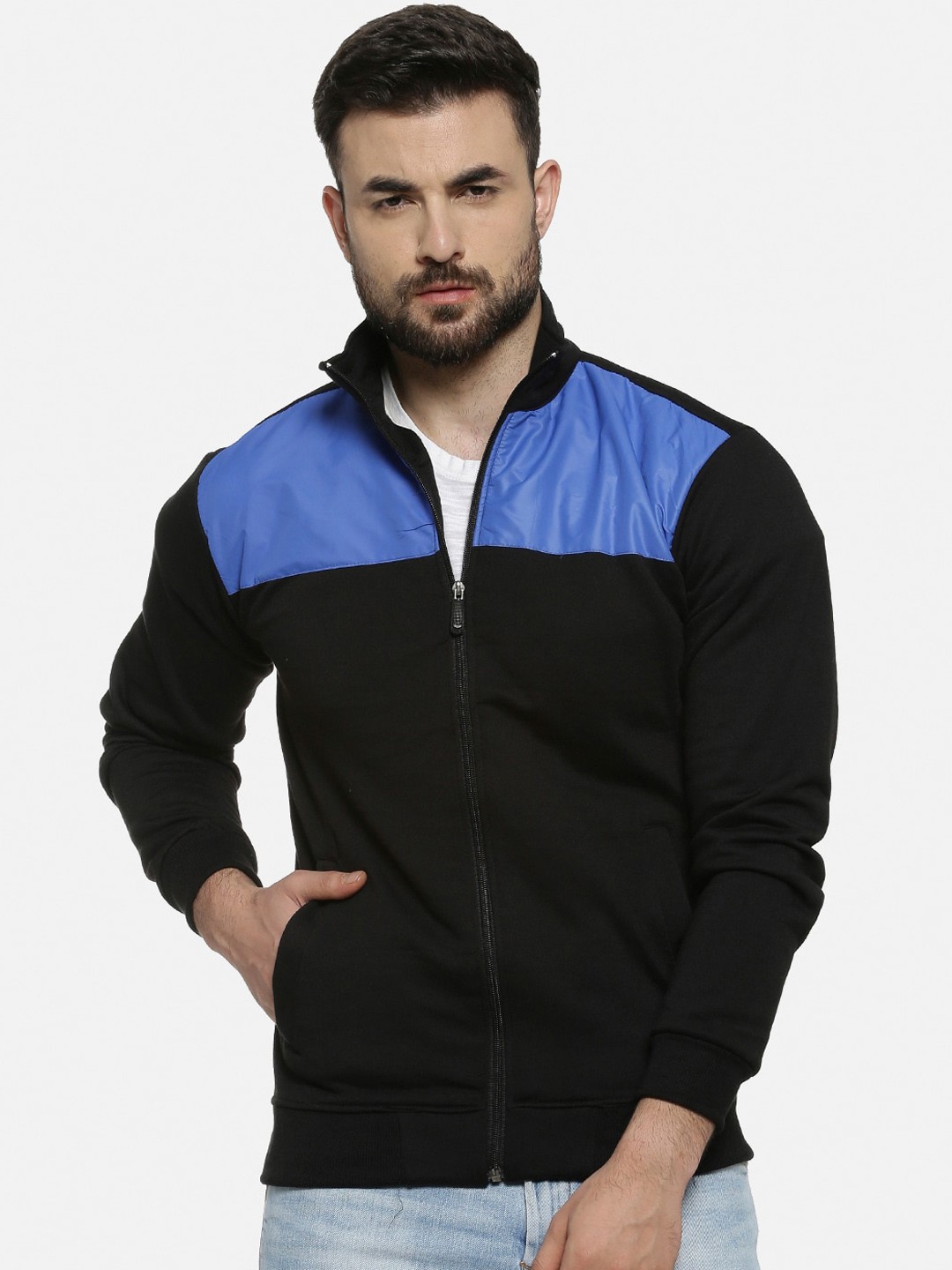 

Campus Sutra Men Black Blue Colourblocked Windcheater Bomber Jacket