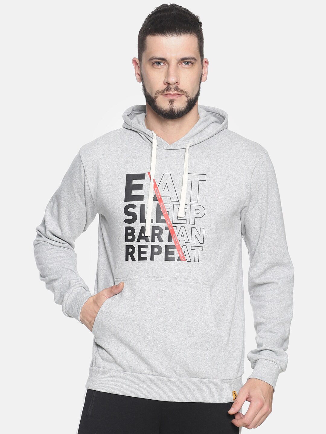 

Campus Sutra Men Grey Printed Hooded Cotton Sweatshirt