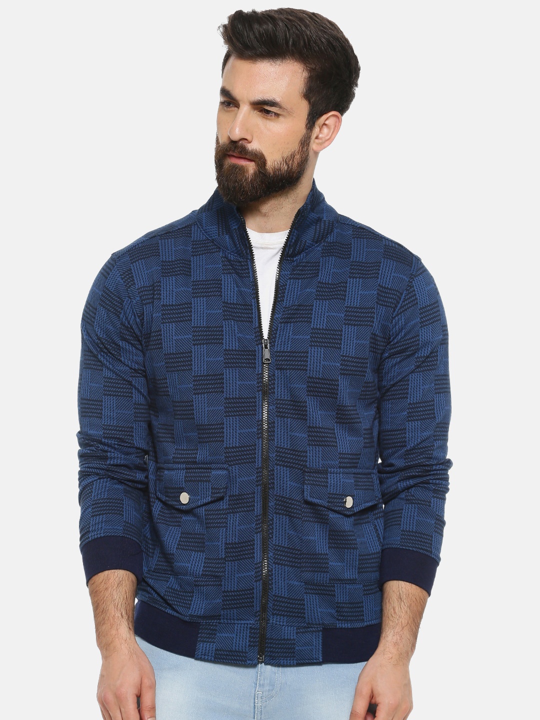 

Campus Sutra Men Blue Checked Windcheater Bomber Jacket